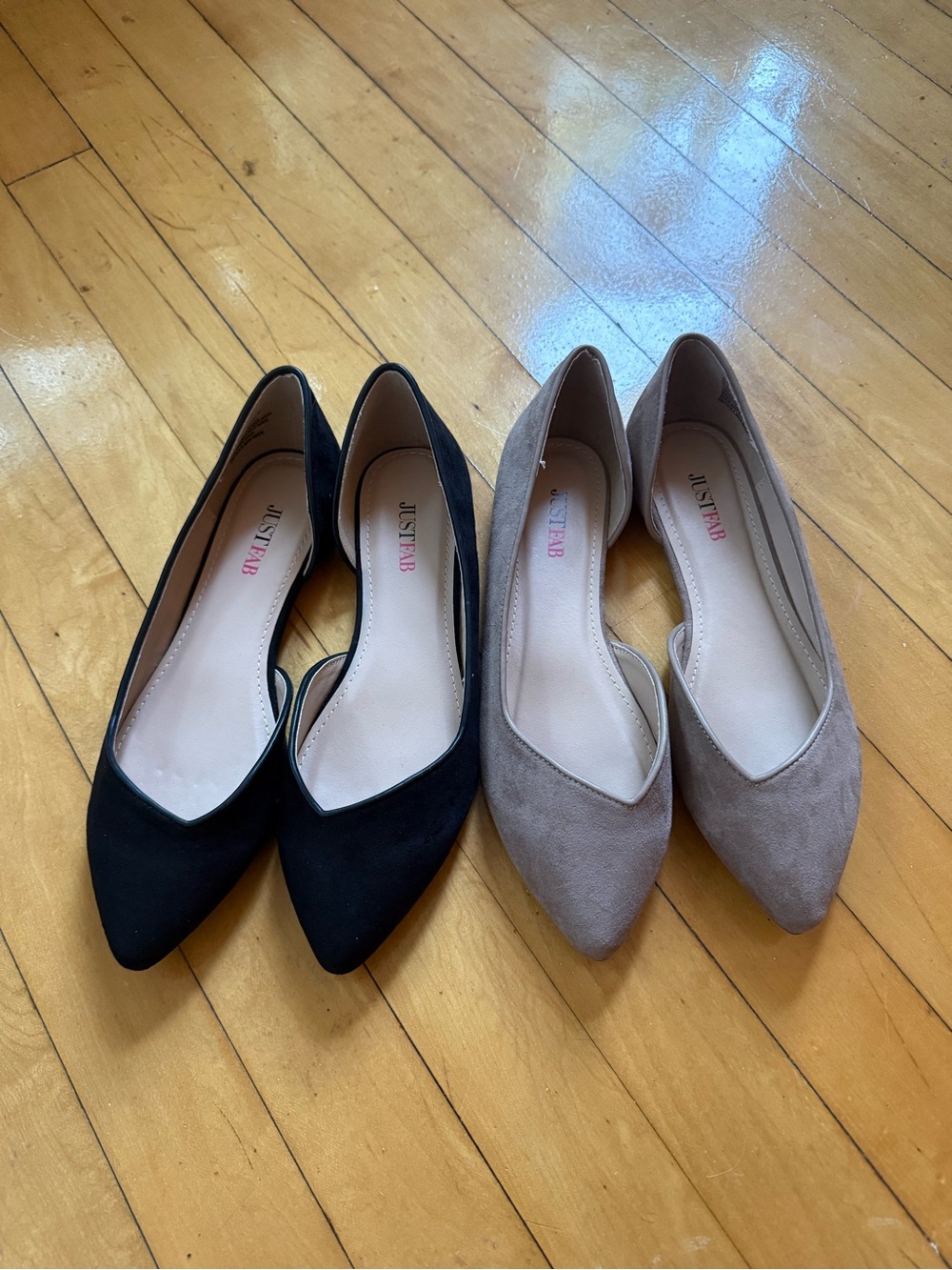 JustFab Pointed Toe Flats in Black and Taupe